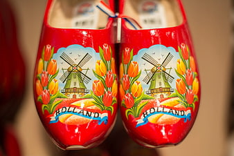 Red Dutch Wooden Clogs with Tulips and Windmill