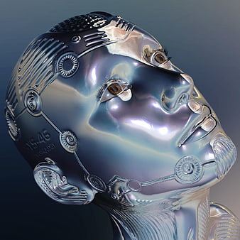 Futuristic metallic female robot head with exposed mechanical details