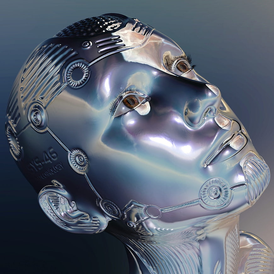 Futuristic metallic female robot head with exposed mechanical details