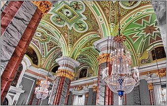 Ornate Baroque Interior with Crystal Chandeliers and Green Ceiling