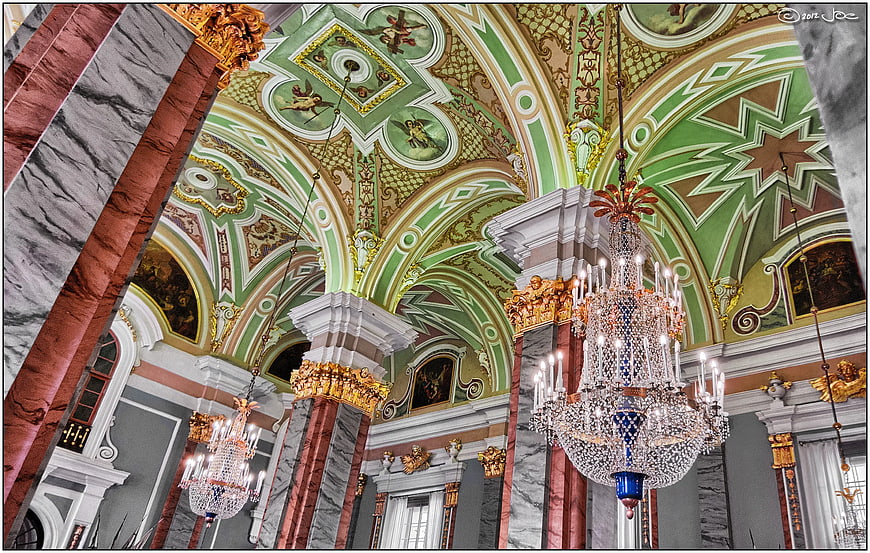 Ornate Baroque Interior with Crystal Chandeliers and Green Ceiling