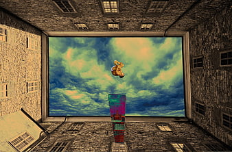 Surreal 3D render of a man jumping through a window into a cloudy sky