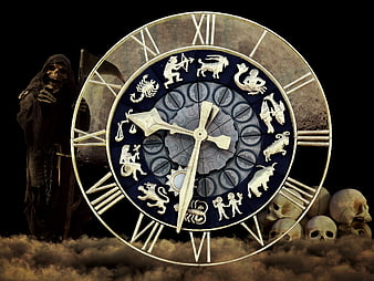 Grim Reaper with Zodiac Clock and Skulls