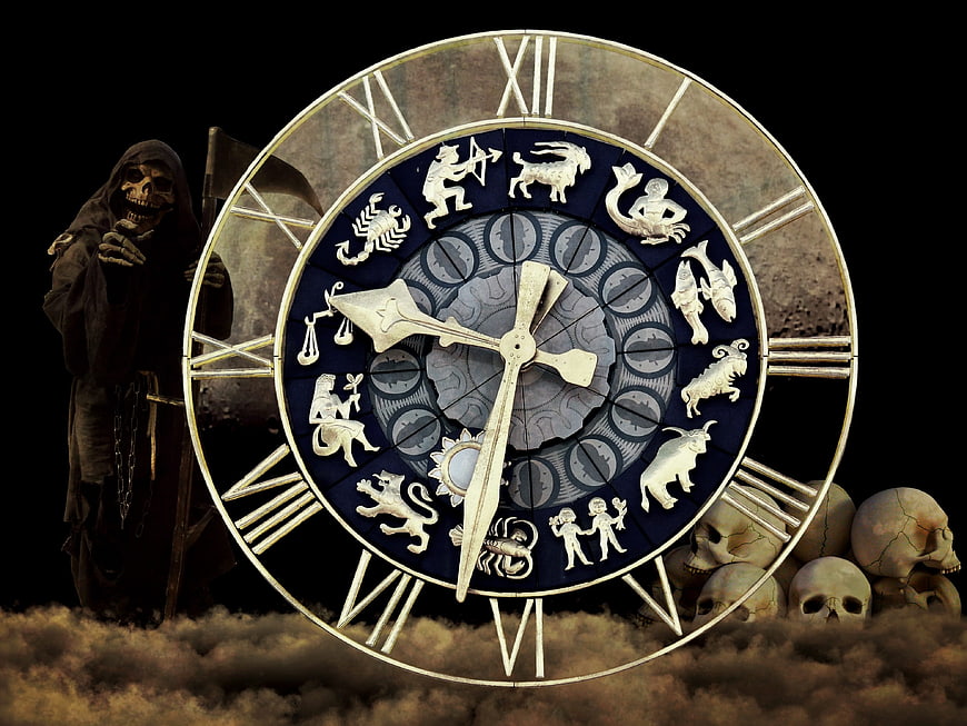 Grim Reaper with Zodiac Clock and Skulls