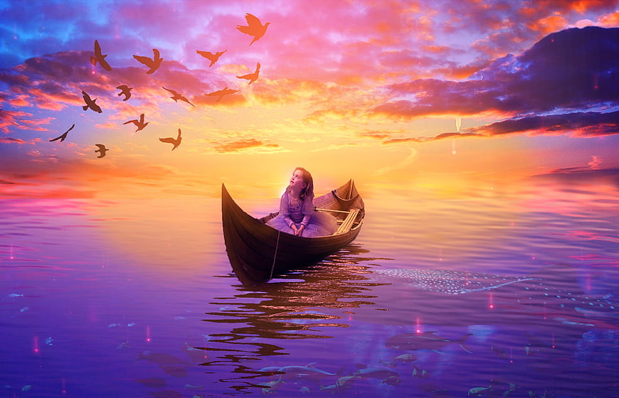 Fantasy girl in boat on magical ocean at sunset