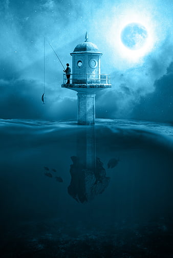 Surreal Fisherman on Floating Tower Under Full Moon
