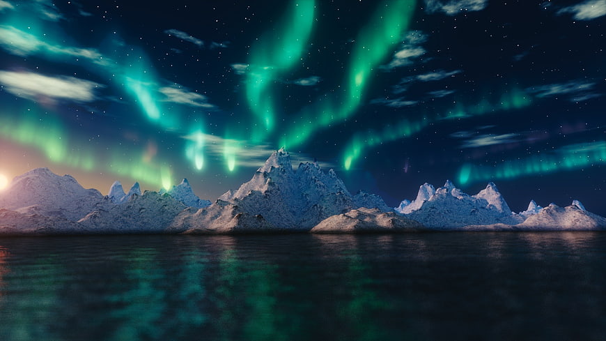 Vibrant Aurora Borealis Over Snowy Mountains and Water