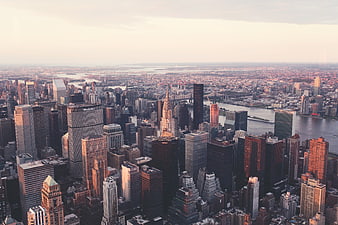 Aerial View of New York City Skyline at Sunset