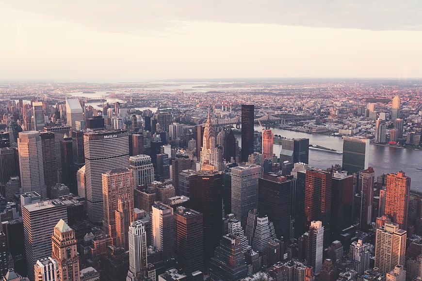 Aerial View of New York City Skyline at Sunset