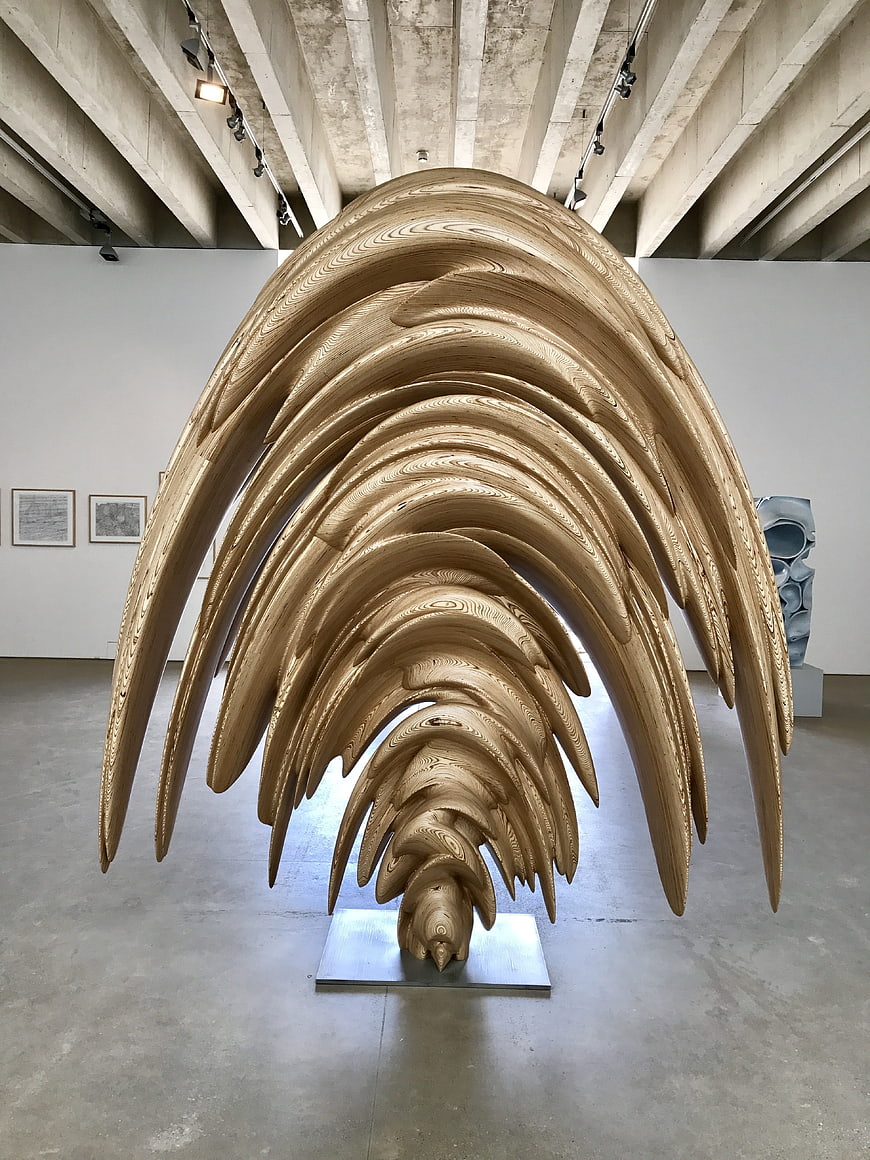 Large wooden ribbed sculpture in modern art gallery