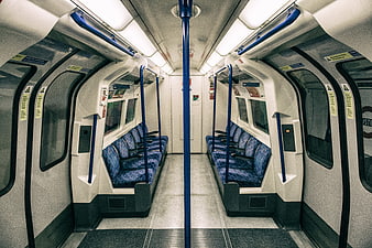 Empty London Underground Train Car Interior With Blue Seats
