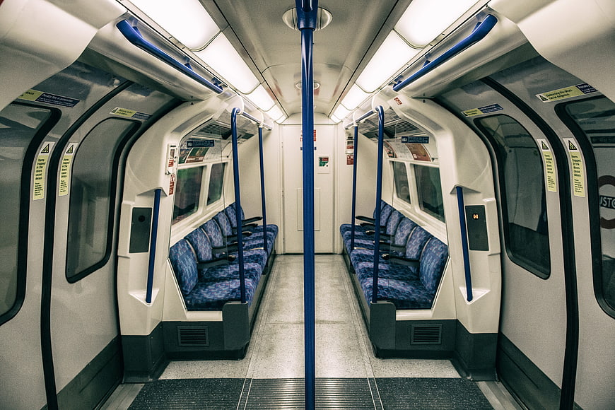 Empty London Underground Train Car Interior With Blue Seats