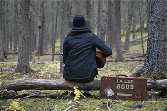 Musician with guitar and vintage suitcase in forest