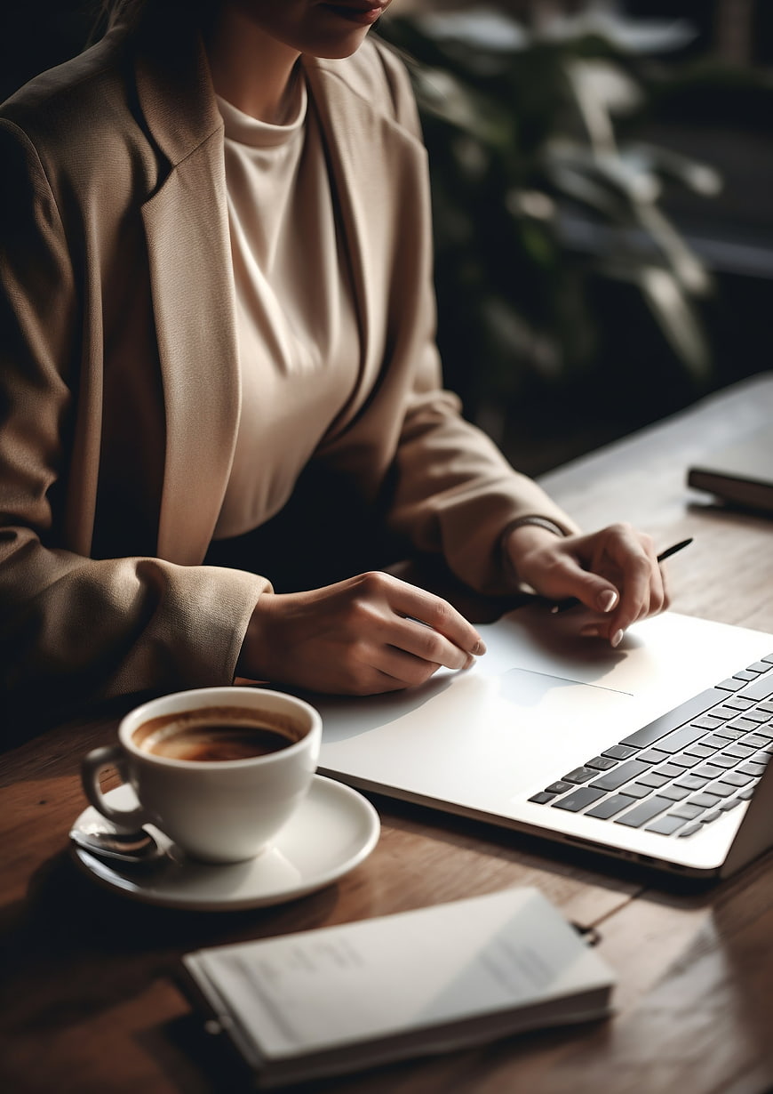 Woman working on laptop with coffee in cozy office