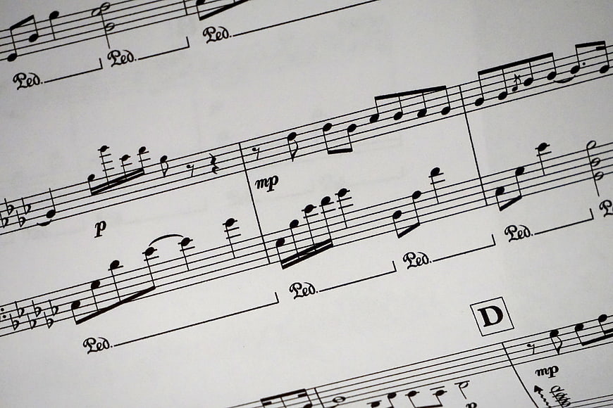 Close-up of classical sheet music with musical notes