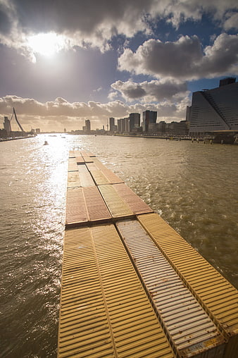 Floating Barge with Shipping Containers on River in Rotterdam
