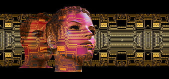 Futuristic woman face with circuit board pattern overlay