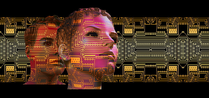 Futuristic woman face with circuit board pattern overlay