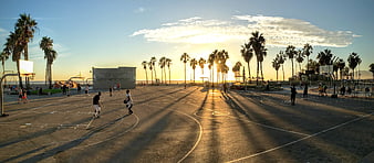 Panoramic Sunset Basketball Court with Palm Trees and Players
