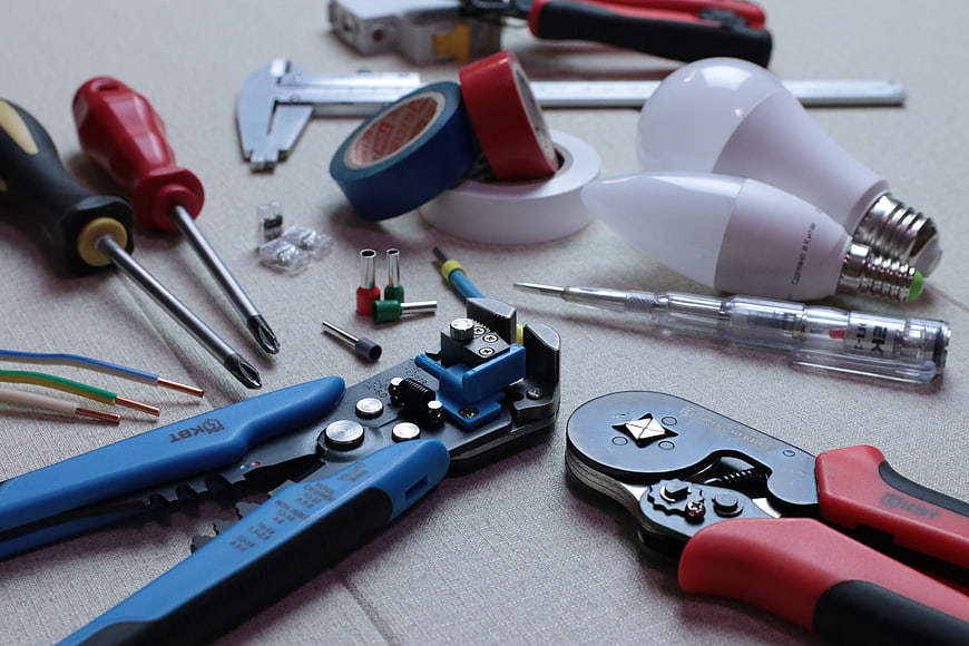 Professional Electrician Tools And Wiring Equipment Flat Lay
