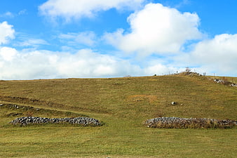 Rolling grassy hills with stone walls under blue sky