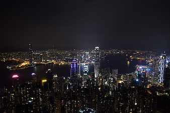 Hong Kong Cityscape at Night with Victoria Harbour and Skyscrapers