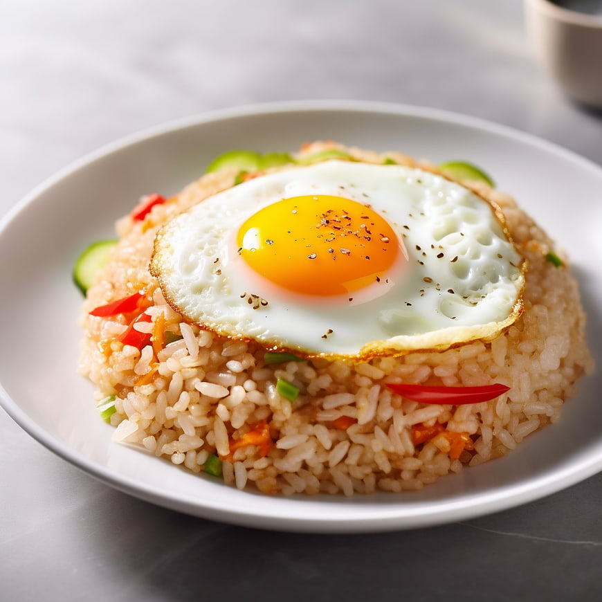 Fried Rice with Sunny Side Up Egg on White Plate