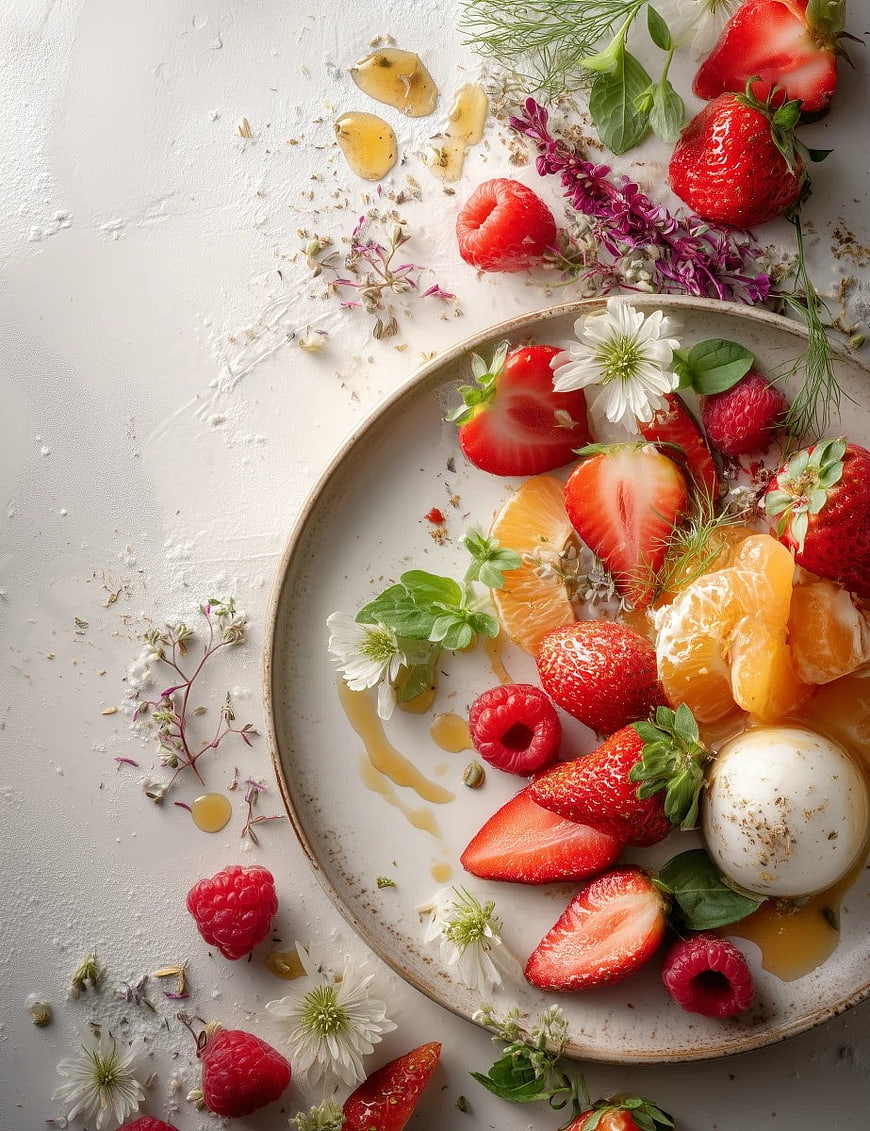 Overhead View of Fresh Strawberry and Citrus Fruit Platter with Honey