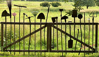 Rustic Garden Tools Hanging on Wooden Gate