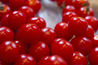 Close-up of fresh red cherry tomatoes with shallow depth of field