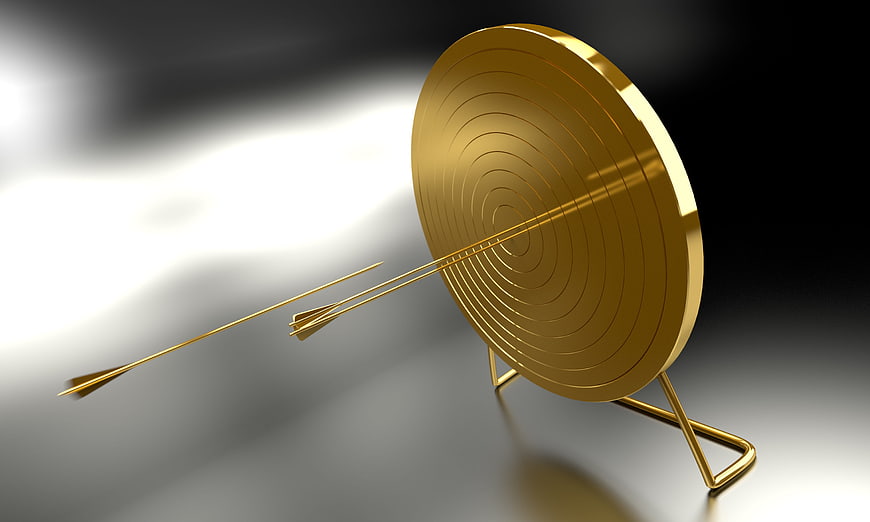 Golden 3D Target with Arrows Hitting Bullseye