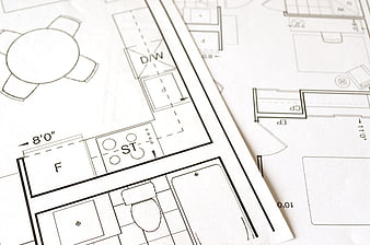 Close-up of architectural floor plan blueprints on paper