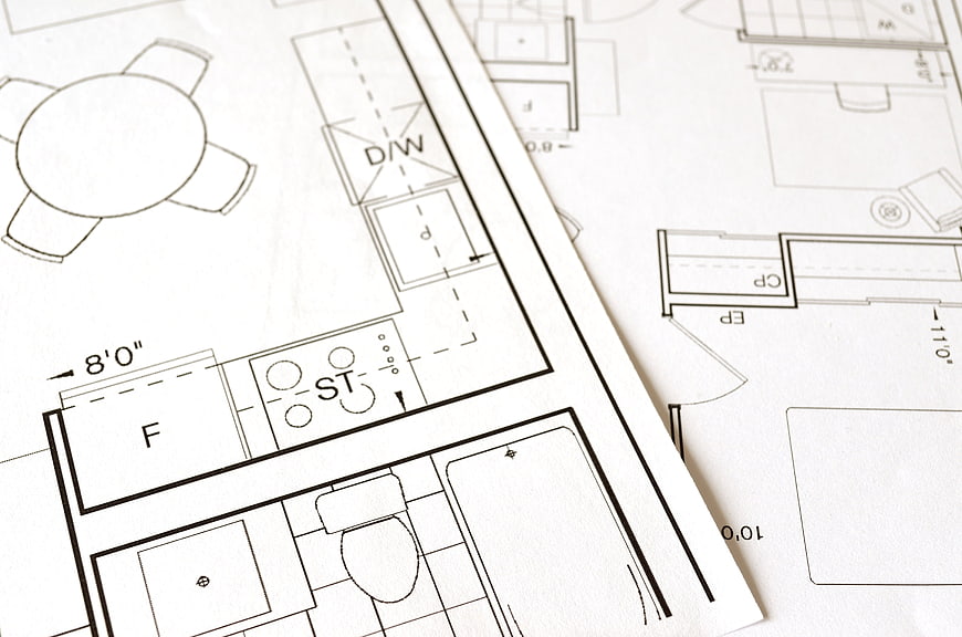 Close-up of architectural floor plan blueprints on paper