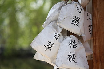 Traditional Chinese Herbal Medicine Bags Hanging Outdoors
