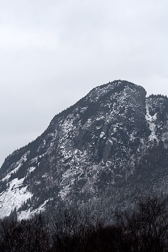 Snowy Mountain Peak with Dark Forest and Overcast Sky