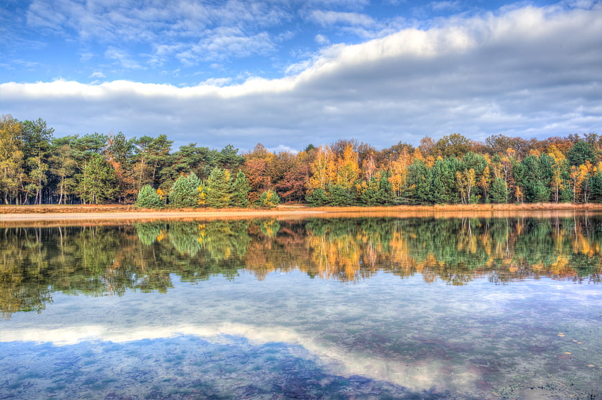 Serene autumn lake with colorful forest reflection