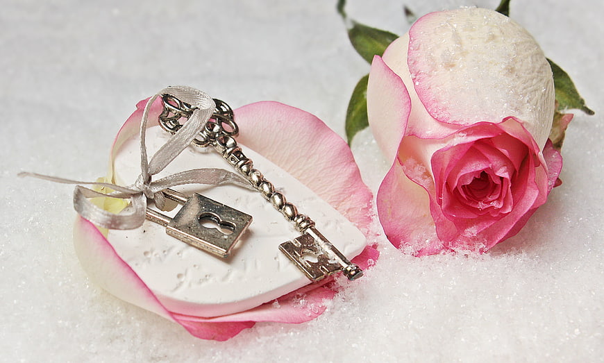 Vintage Key and Padlock on Heart-Shaped Soap with Pink Rose