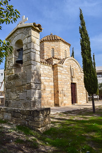 Traditional Stone Orthodox Church with Bell Tower in Cyprus