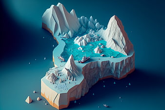 Isometric 3D Render of Arctic Iceberg with Ships