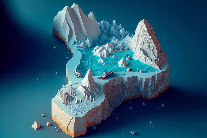 Isometric 3D Render of Arctic Iceberg with Ships