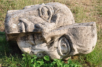 Ancient weathered stone head sculpture lying in grassy field