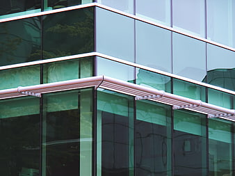 Modern Glass Office Building Exterior with Green Reflections