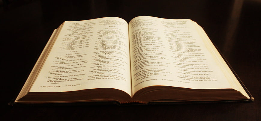 Open Bible on Dark Wooden Surface