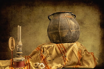 Vintage Rustic Still Life With Old Pottery Jar And Kerosene Lamp