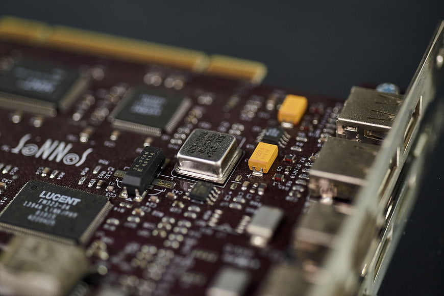 Macro shot of computer circuit board with chips and connectors