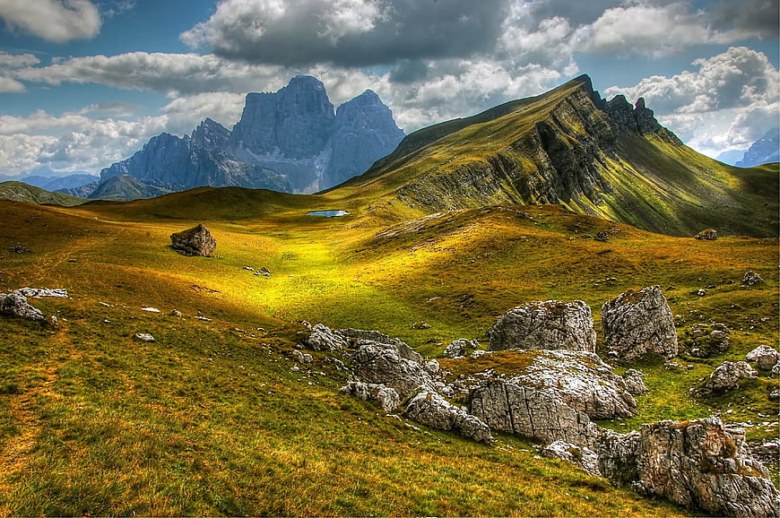 Dramatic Dolomites Mountain Landscape with Golden Grass