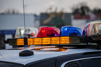 Close-up of police car emergency lights on wet roof