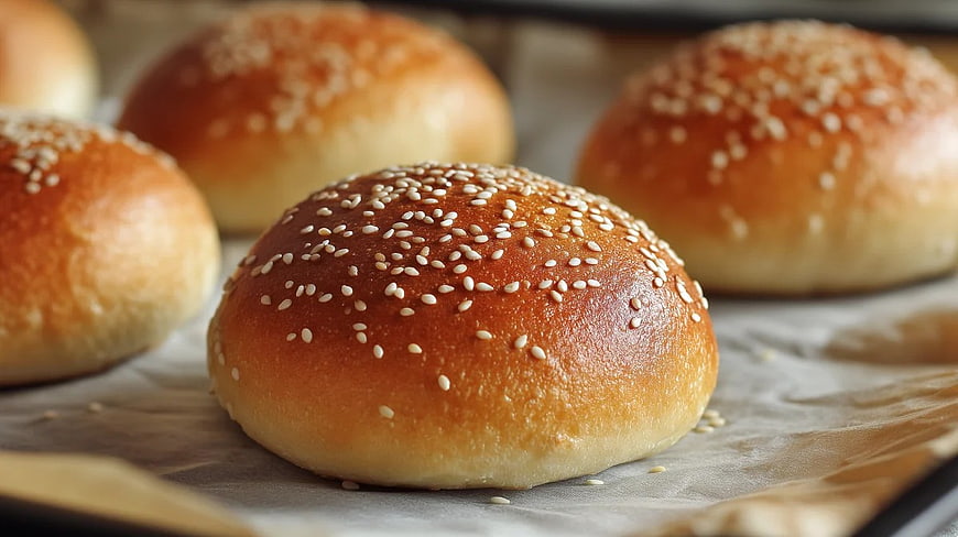Freshly Baked Golden Sesame Burger Buns on Baking Sheet
