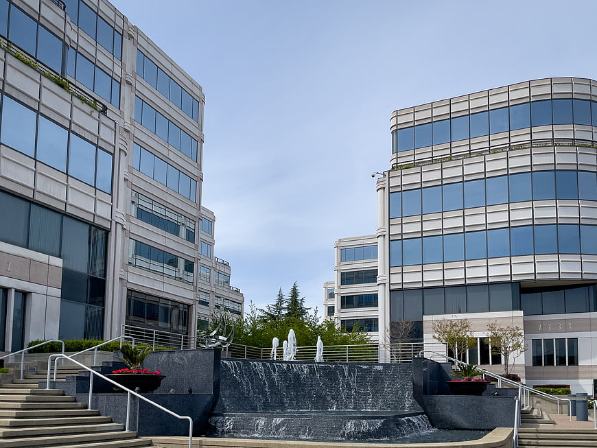 Modern Office Buildings with Waterfall Fountain Plaza