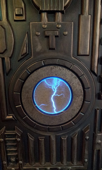 Futuristic Sci-Fi Metal Panel with Glowing Blue Lightning Core